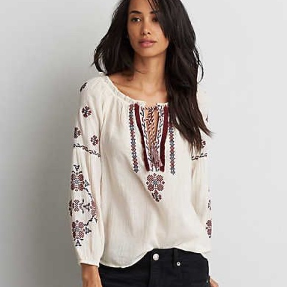 American Eagle Outfitters Tops - AEO Embroidered Peasant Blouse